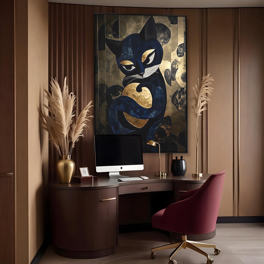 Tablou canvas cu tablou canvas cu pisica neagra si aurie, in rama de aluminiu negru, pe perete intr-un birou